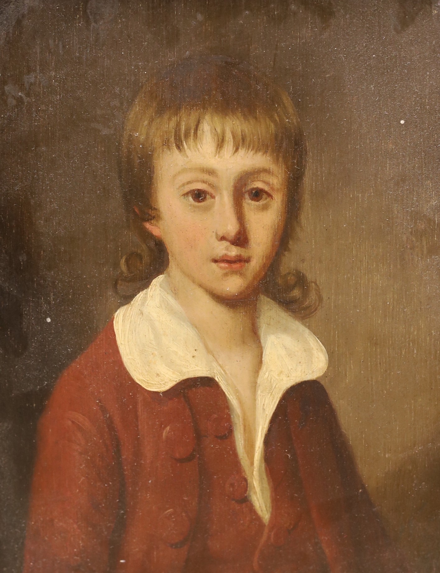 English School c.1800, oil on wooden panel, Portrait of a youth wearing a brown coat, 25 x 19cm